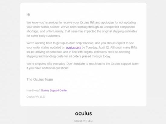 Oculus Rift推迟发货？给你包邮咯