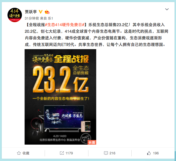 乐视生态共享之夜开启414硬件免费日，总销售额狂破23亿元