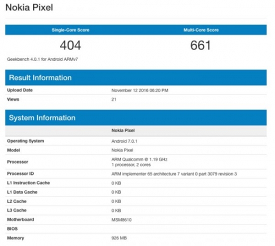 诺基亚Nokia Pixel数据曝光：运行安卓7.0系统